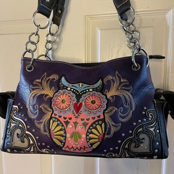Purple and multi color Owl art and embroidery work  shoulder bag. - Picture 2 of 14